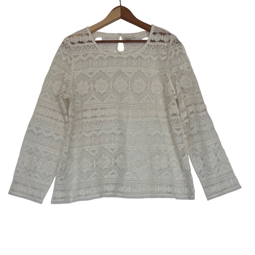 Garnet Hill Ivory Lace Long Sleeve Top Geometric Floral Embroidered Large